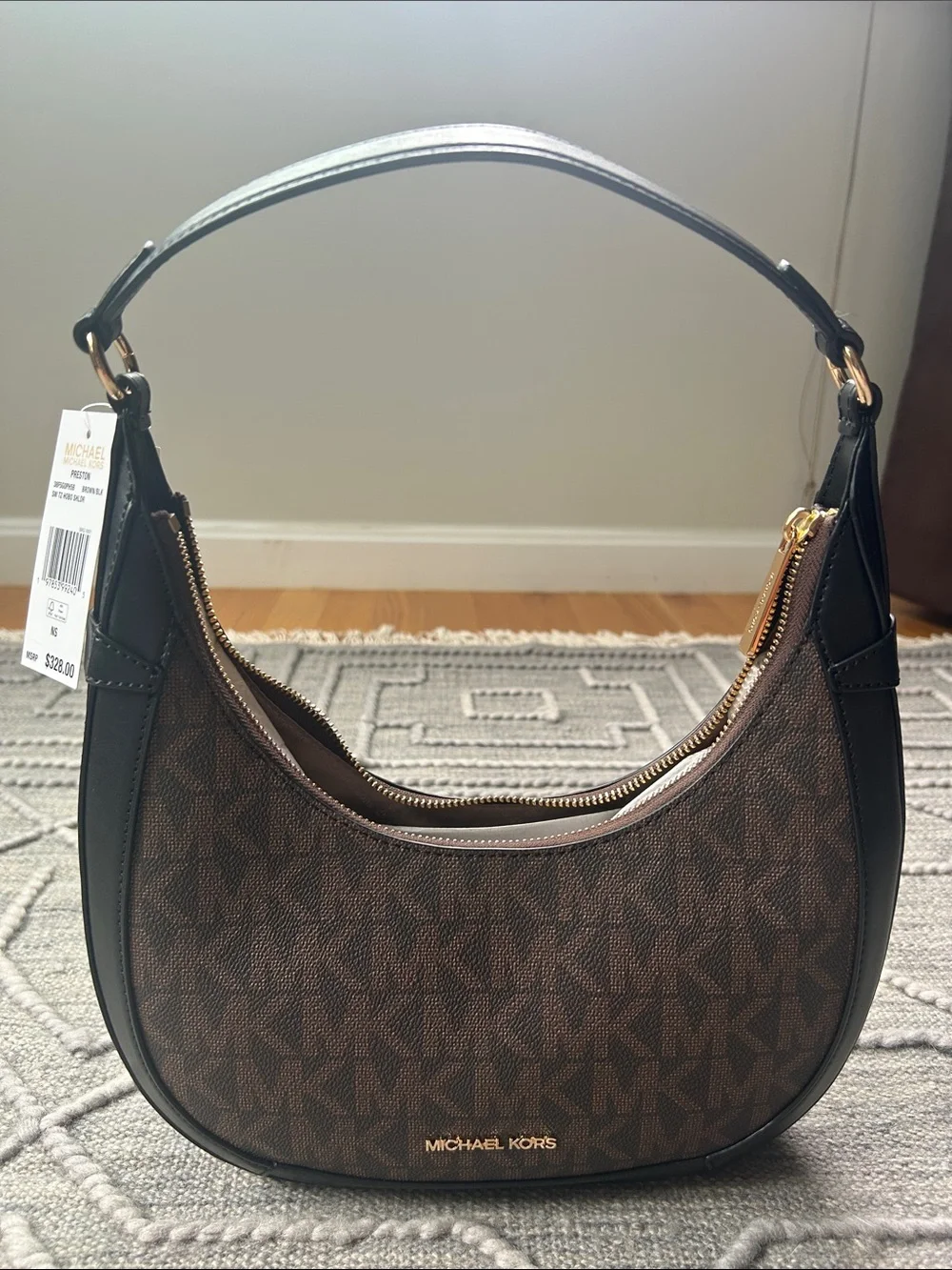 Michael Kors Preston Small Hobo Crescent Shoulder Bag in Brown MK Coated Canvas